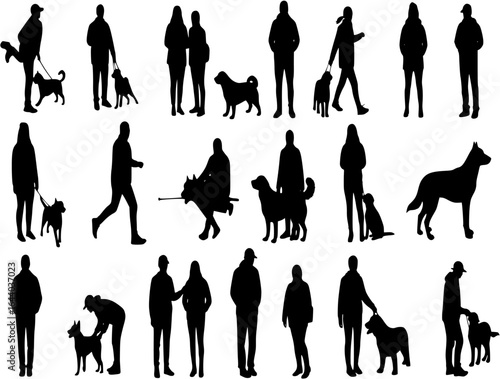 dogs and people silhouette on white background, isolated, vector
