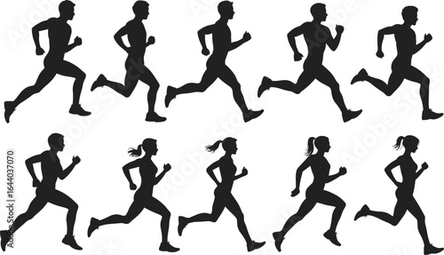 Running silhouette vector illustration, male female jogger icons, athlete exercise poses, black fitness figures, marathon race shapes, sport activity graphic design set