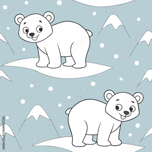 Adorable polar bears on ice floes with snowy mountains pattern arctic winter