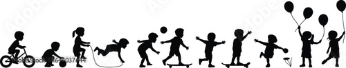 Silhouette of children playing, riding bikes, skipping rope, playing ball, skateboarding, holding balloons, joyful childhood activities, outdoor fun, kids illustration, vector design