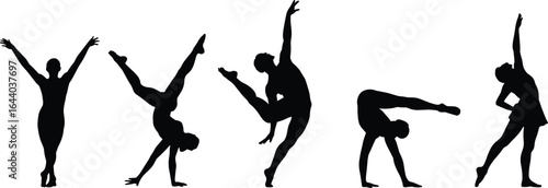 Silhouette of dancers performing, modern dance poses, ballet moves, artistic movement, graceful choreography, dance couple, acrobatics, vector illustration, contemporary dance silhouettes