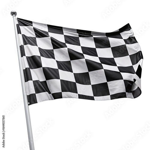 Checkered racing flag waving on pole isolated on black background for motorsport winning symbol