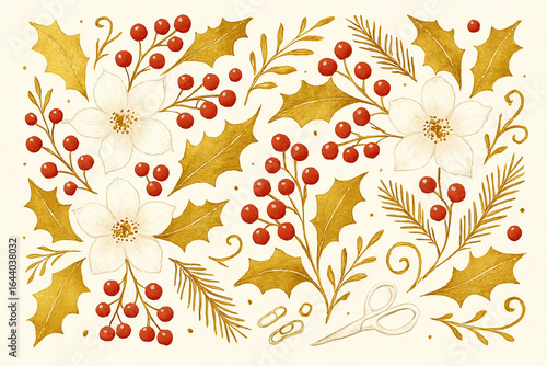 Elegant golden and red Christmas floral pattern with poinsettias, holly, berries, and delicate crafting elements, perfect for festive holiday designs and seasonal decor.