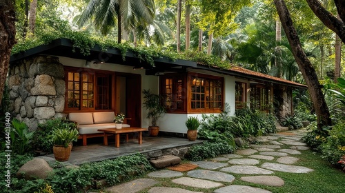 Tropical guesthouse nestled in lush greenery