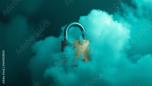 A stylized padlock with a puzzle piece design surrounded by teal clouds in a digital rendering
