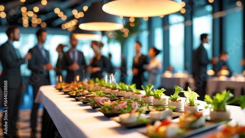 Elegant buffet table with assorted gourmet appetizers and fresh salads in a modern event venue with guests networking in the background


