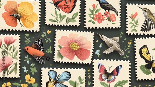 Postage Stamps Featuring Birds, Butterflies, and Flowers: A Botanical Illustration