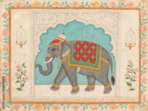 Decorative Mughal elephant miniature vector framed by ornate floral botanical border in elegant Udaipur Rajasthani cultural wall mural style