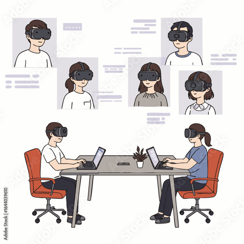 An illustrative scene depicts diverse individuals engaging in a virtual reality meeting, showcasing modern remote collaboration and immersive digital experiences.