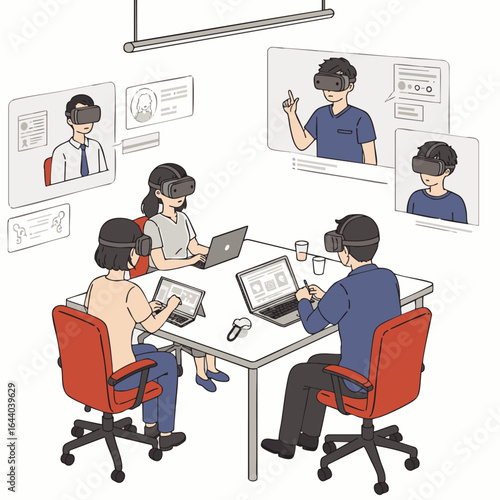 A diverse group of professionals collaborates virtually using advanced VR headsets, participating in an immersive digital meeting that transcends physical boundaries.