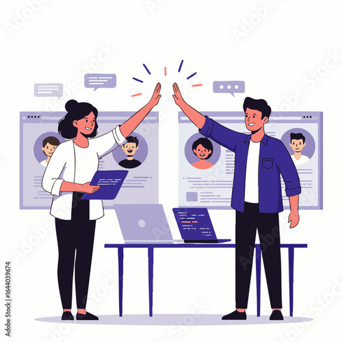 Two enthusiastic business professionals celebrate a successful collaboration, giving a high-five in a modern office environment, symbolizing teamwork and achievement.