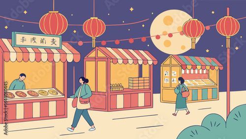 Explore chinese night market with street food stalls and lantern festival celebration scenery vector art