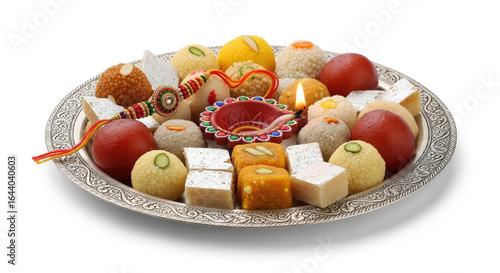pastel style raksha bandhan and indian sweets laddu arranged on brass plate for rakhi 