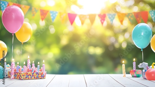 Joyful Birthday Party Scene Outdoors with Balloons, Cake, and Candles