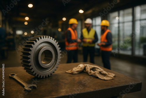 Large Industrial Gear on Workbench with Tools and Engineers in Background – Factory Scene