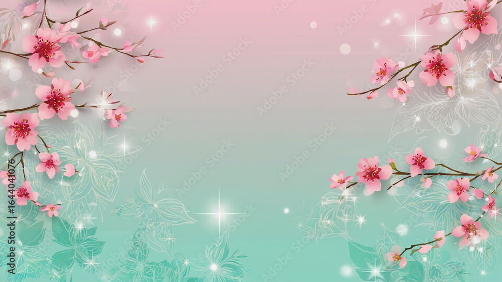 Fototapeta premium Spring-inspired pastel background with layered floral patterns and glowing sparkles