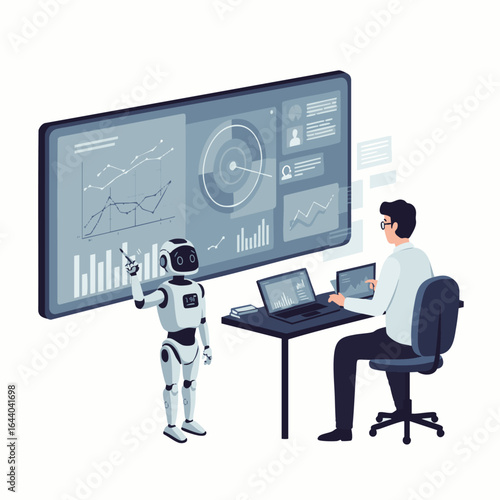 A futuristic AI robot assists a human professional in analyzing complex data on a large interactive screen, illustrating technological collaboration.