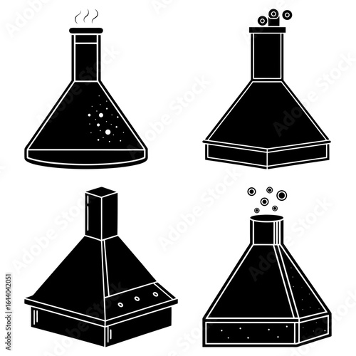 Illustration of four different kitchen range hoods with varying designs and ventilation styles shown