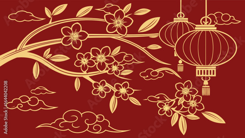Chinese new year vector art with lanterns and plum blossoms for festive oriental design and decoration use