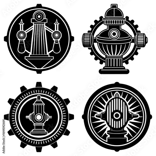 Four steampunk style emblems featuring a lighthouse and fire hydrants in black and white design