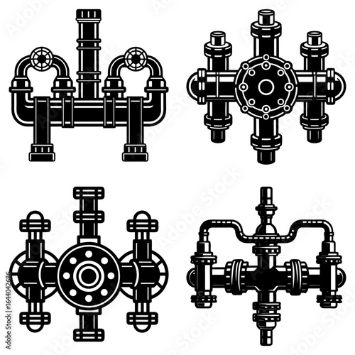 Illustration showing four different black and white industrial pipe configurations with valves and flanges