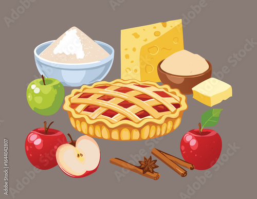 A Set of Ingredients for Making a Delicious Apple Pie - Vector Illustration