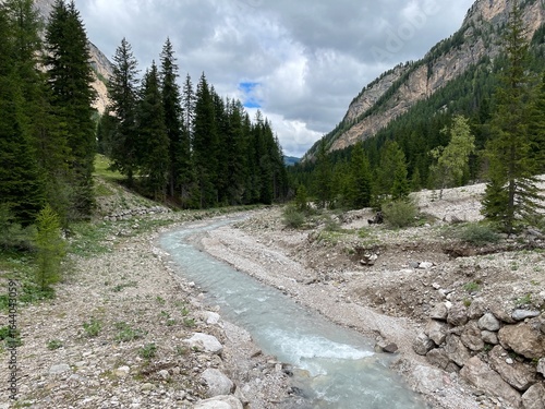 Billede på lærred Il torrente Ruf de Contrin in Val Contrin, il bosco e il panorama delle Dolomiti