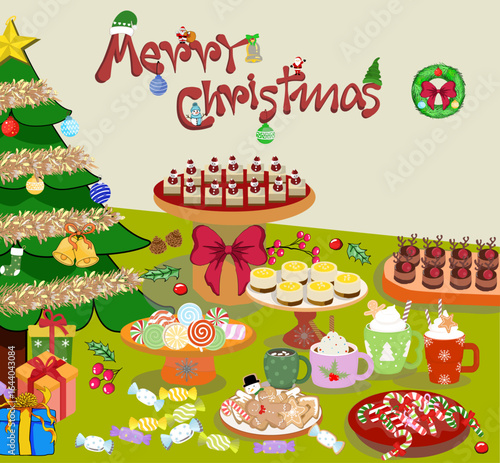 Merry Christmas Celebration with Festive Tree, Gifts, Sweets, Hot Drinks, Cookies, Candy, and Holiday Dessert Party Decorations