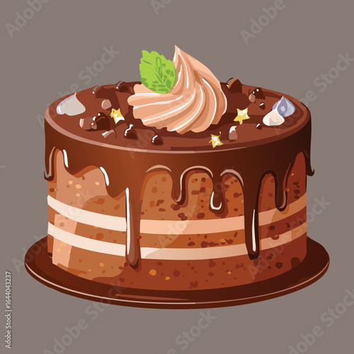 Delicious Chocolate Cake with Cream and Chocolate Drip - Vector Illustration