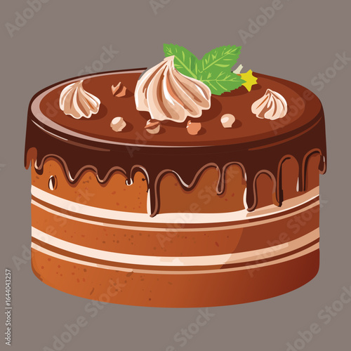 Chocolate Cake with Chocolate Drizzle and Cream Topping - Vector Illustration