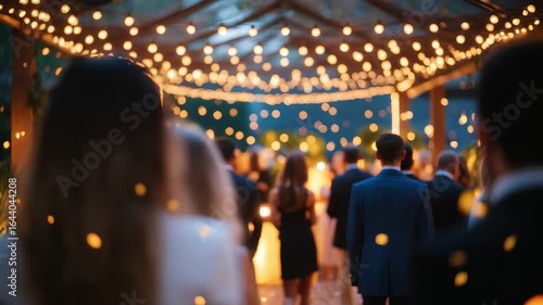 Wallpaper Mural Elegant outdoor evening event with guests in formal attire walking under canopy decorated with warm string lights creating festive ambiance

 Torontodigital.ca