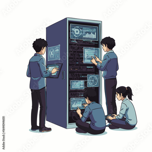 A dedicated team of IT professionals meticulously manages and optimizes a complex server rack, ensuring seamless digital infrastructure and robust data security for modern businesses.