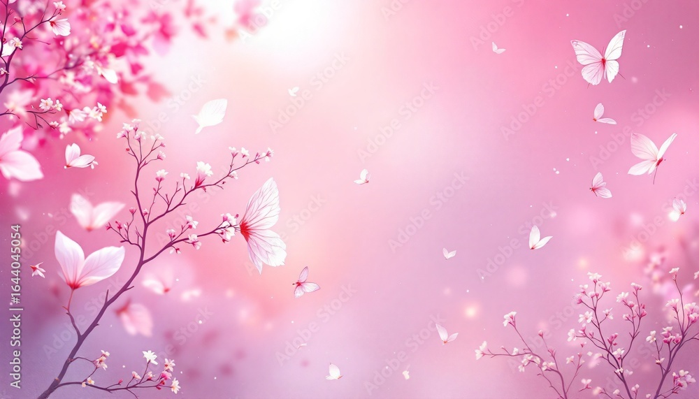 Fototapeta premium Cherry blossom branches with butterflies dancing in soft pink dreamy background