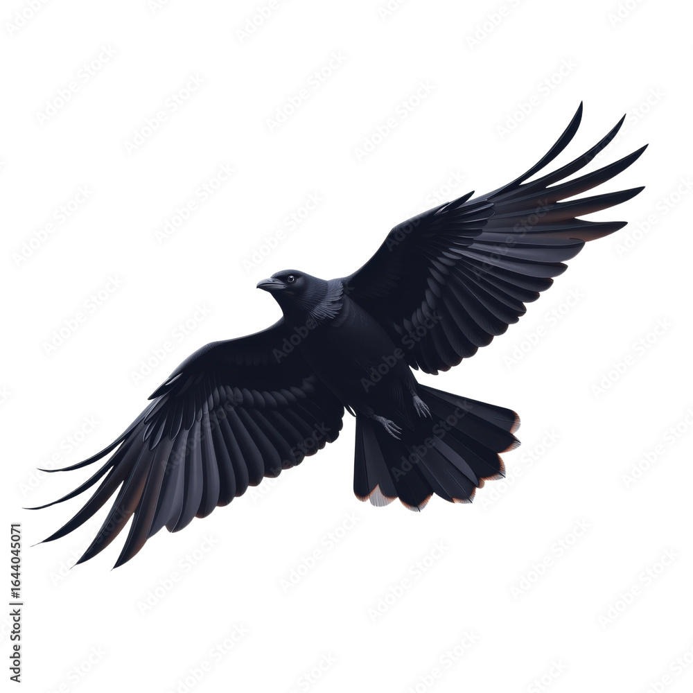 Naklejka premium Black crow with outstretched wings flying in air showing detailed feathers and sharp beak