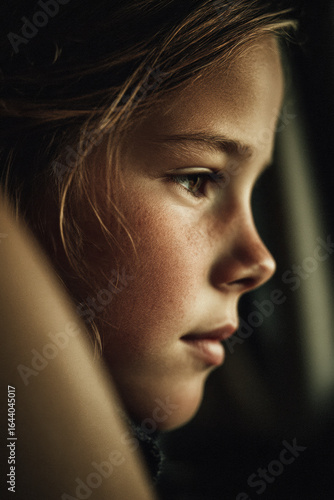 Portrait of a young girl with pensive expression, showcasing detail on her face, freckles, and complexion.