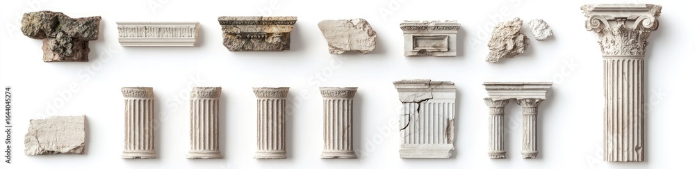 Obraz premium Ancient Stone Columns and Architectural Elements on a Clean White Backdrop Display