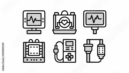 Illustration of various medical devices including monitors and fluid delivery systems for healthcare use silhouette