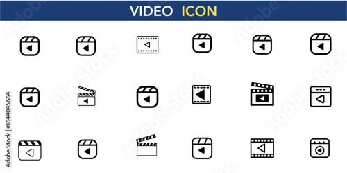 Video Icons Vector Set - Play Button Film Symbols, Movie Cinema Graphics, Streaming Media Players, Content Creation Tools, Entertainment Multimedia Elements