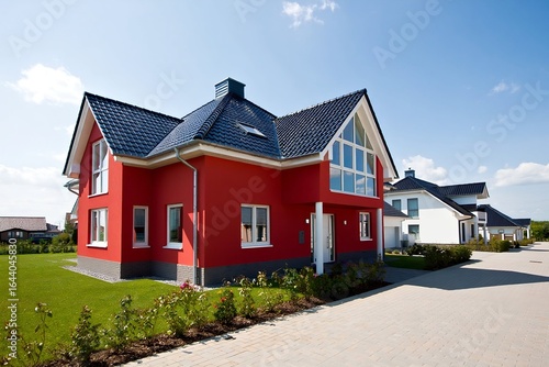 Wallpaper Mural Modern Red and White Suburban Houses with Green Lawns and Blue Sky Torontodigital.ca