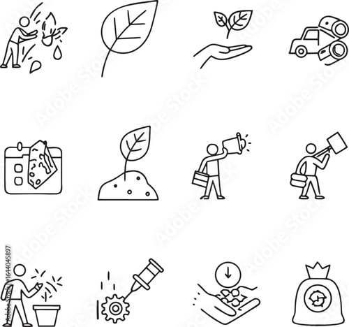 Collection of line art icons depicting environmental care and growth ecology nature