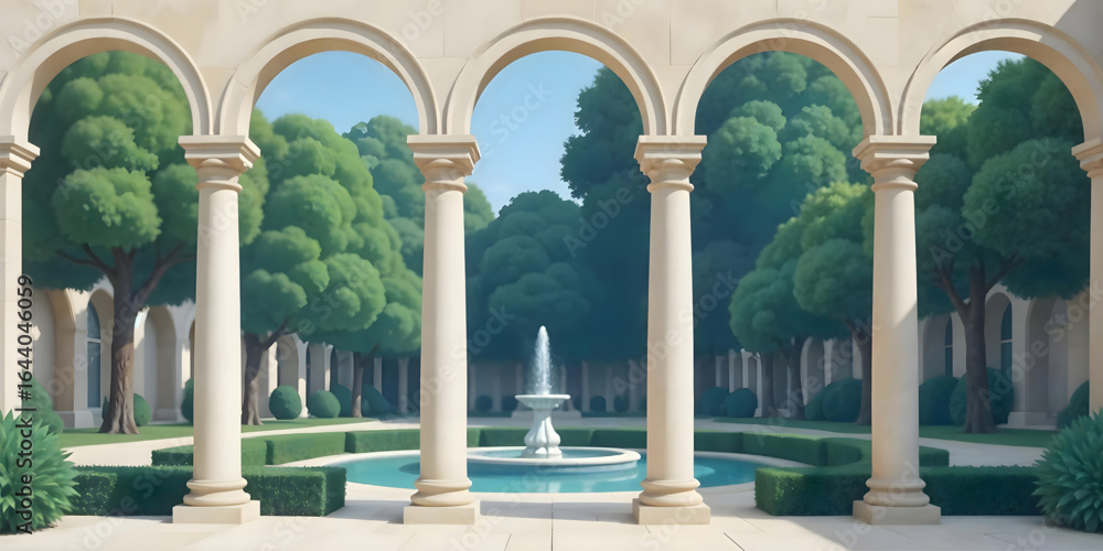 Fototapeta premium Roman-inspired ancient garden vector with ornate fountain, pond, columns, arches, and lush botanical landscape in classical wall art style 