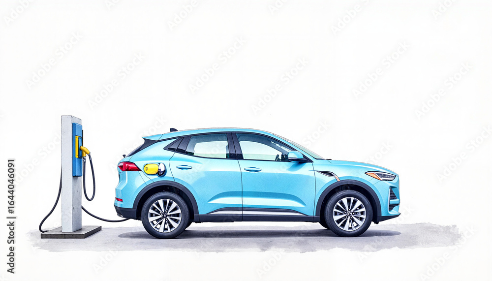 Naklejka premium Side view shows a light blue electric car plugged into a charging station, ideal to promote eco friendly transportation and sustainable energy solutions with copy space.