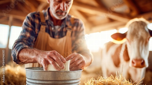 A farmer makes cheese in a barn, with a cow nearby. The image captures a rural, agricultural scene.