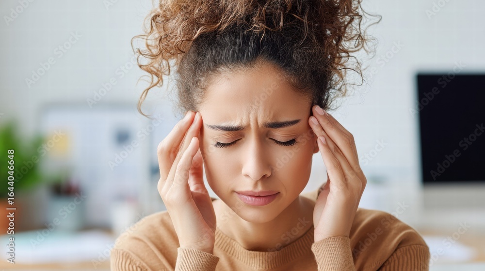 Fototapeta premium Woman with a headache, rubbing her temples and looking stressed