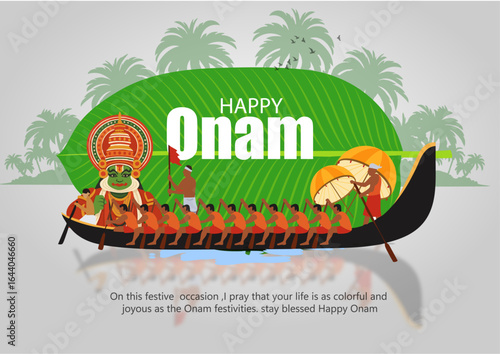 Bild auf Leinwand Onam Celebration with Kathakali Artist and Vallam Kali Boat Race Illustration