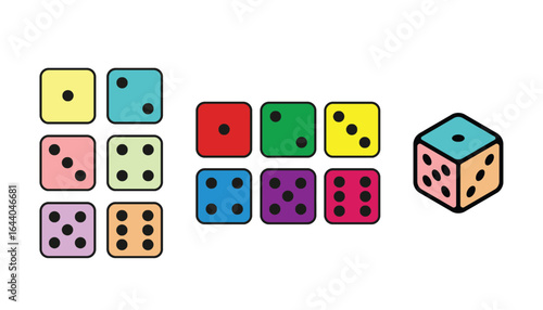 Colorful collection of dice showing different numbers and a 3d die
