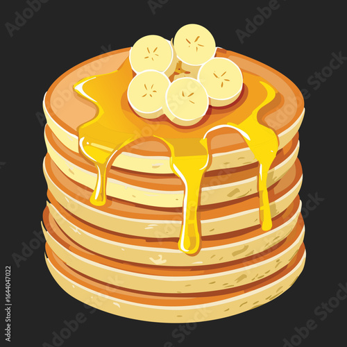 Pile of Delicious Pancakes Drizzled with Syrup and Sliced Bananas - Vector Illustration