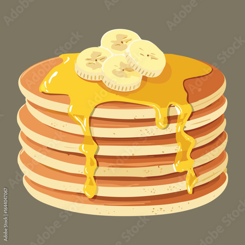 Stack of Pancakes Topped with Banana Slices and Honey - Vector Illustration