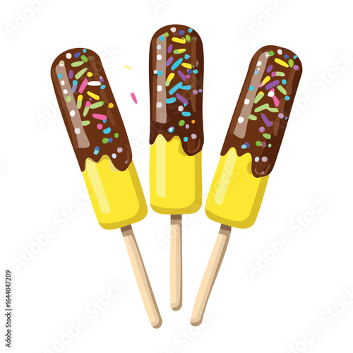  A group of chocolate dipped banana popsicles with vibrant, colorful sprinkles - Vector Illustration