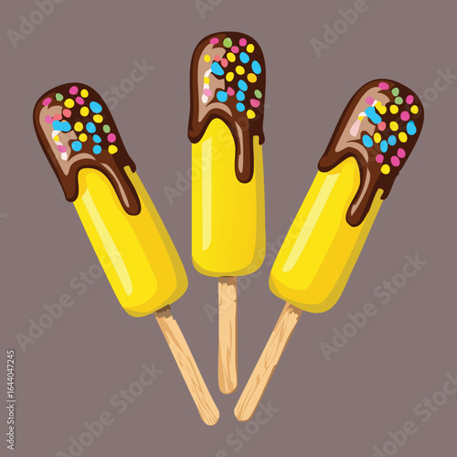 Sweet frozen bananas on a stick dipped in chocolate and colorful sprinkles - Vector Illustration